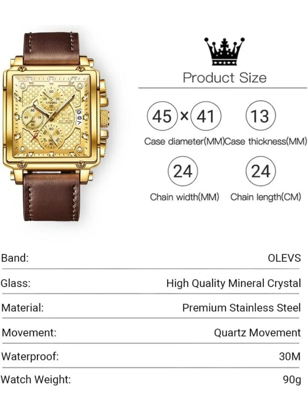 Men's Gold Brown Leather Chronograph Watch Big Face Waterproof Luminous Watch